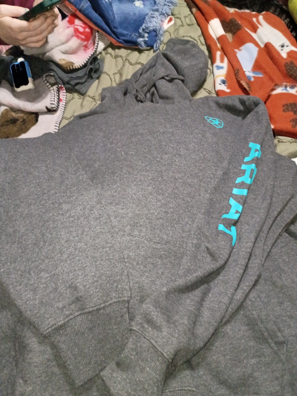 Ariat Heather Gray Hoodie with Teal Logo Sleeve